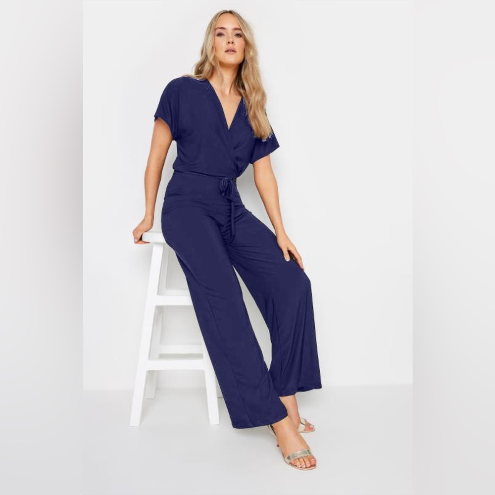Soloiste S Blue navy Jumpsuit Short Sleeve Crossover Front Soft Stretch pants